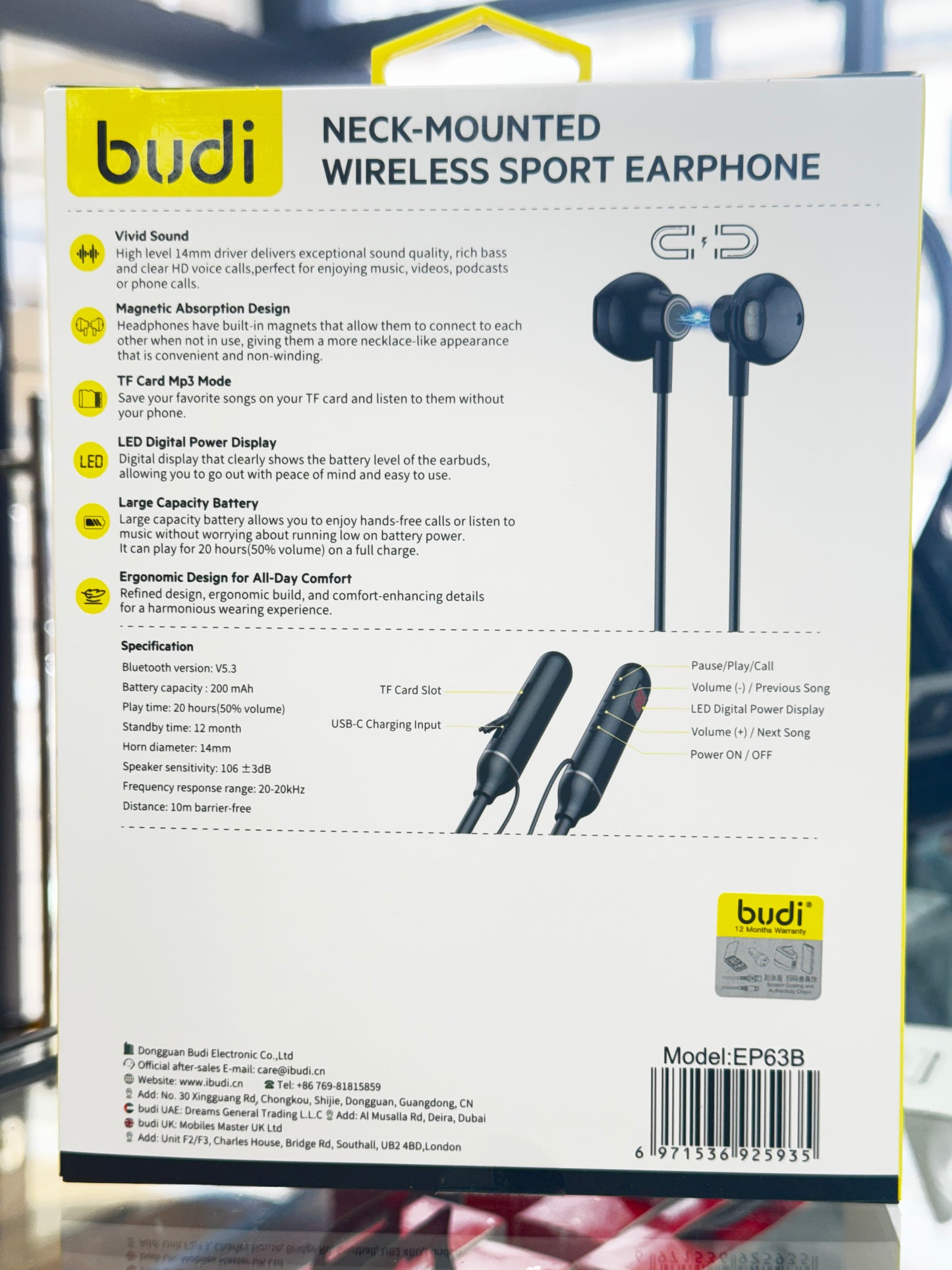 Box of neck-mounted wireless sport earphones with 'budi' branding.