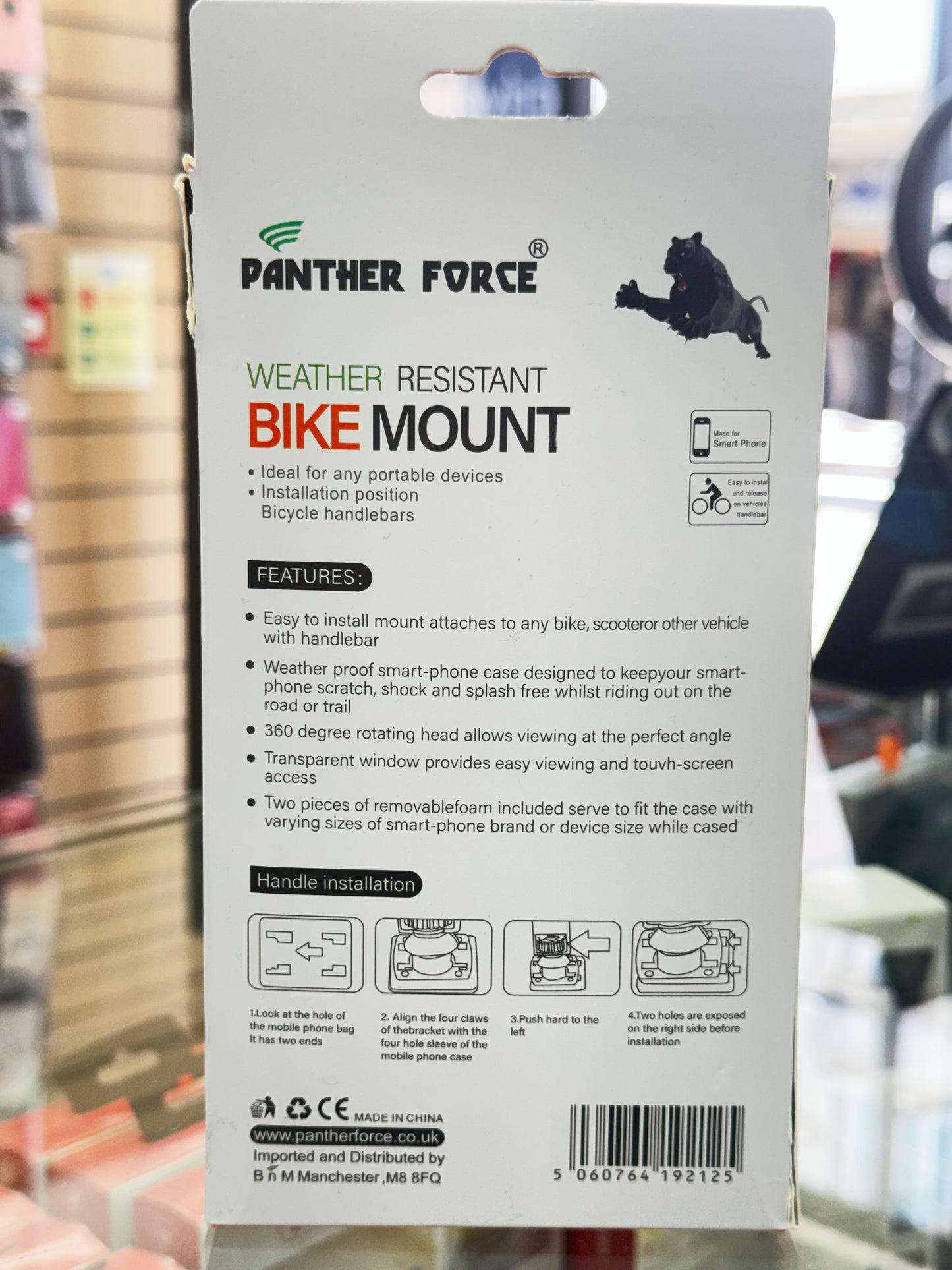 Panther Force weather-resistant bike mount packaging with text and icons.