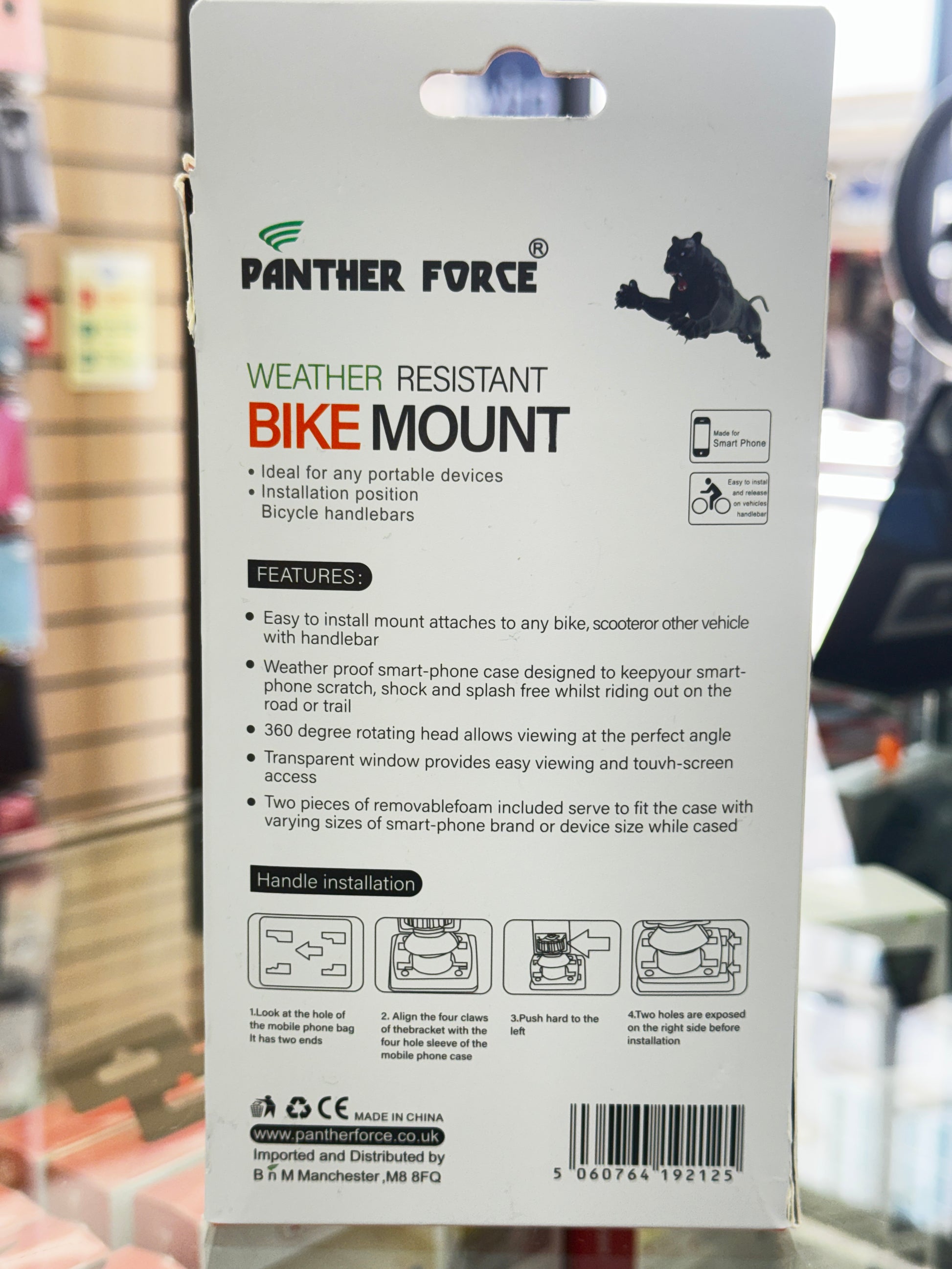 Panther Force weather-resistant bike mount packaging with text and icons.