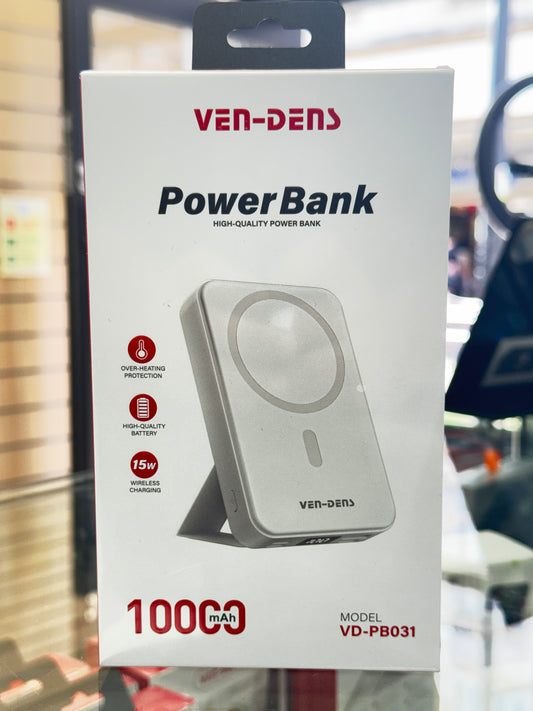 Power bank packaging with Ven-Dens branding on a blurred background