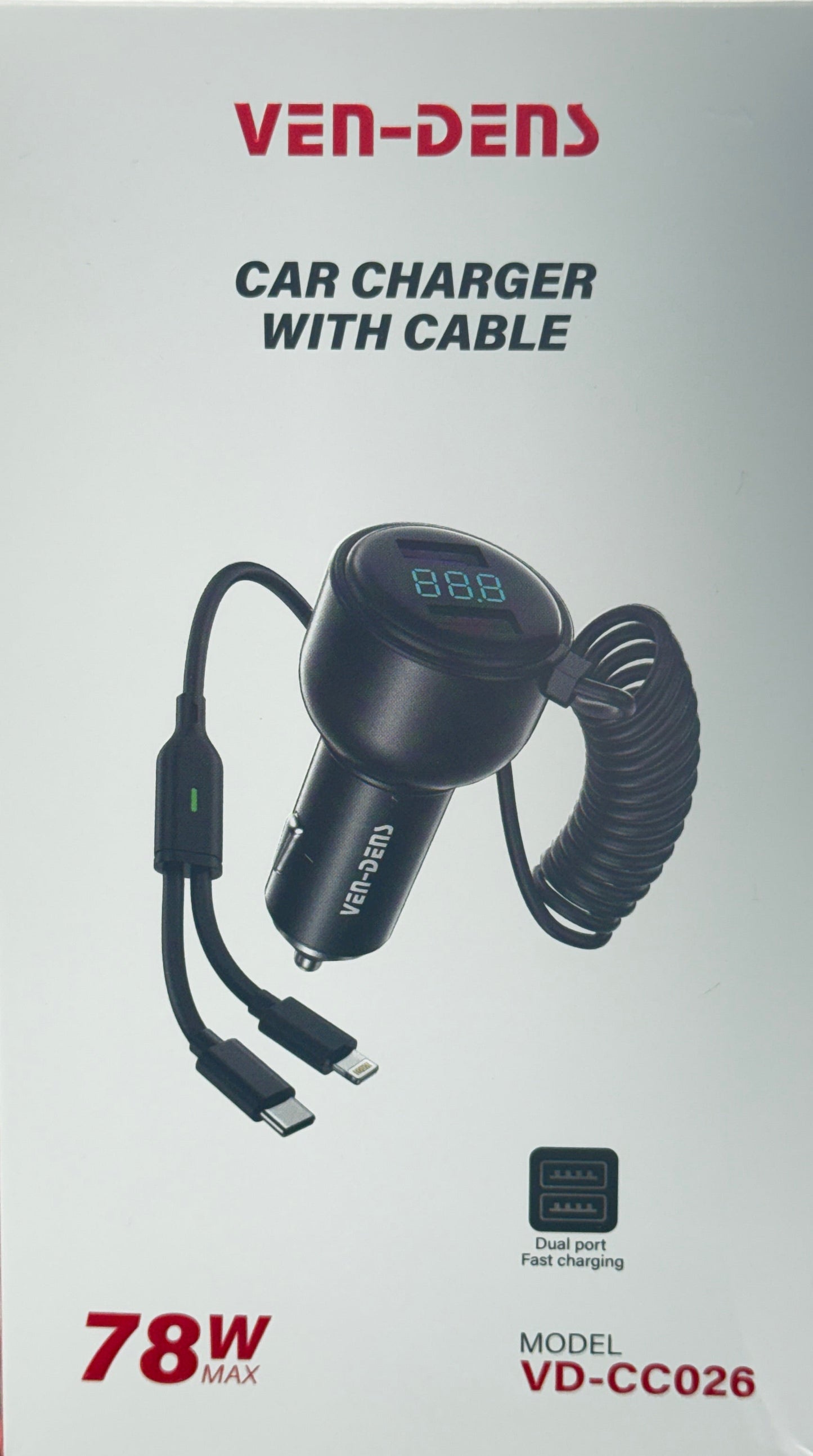 Car charger with cable packaging featuring Ven Den branding on a blurred background.