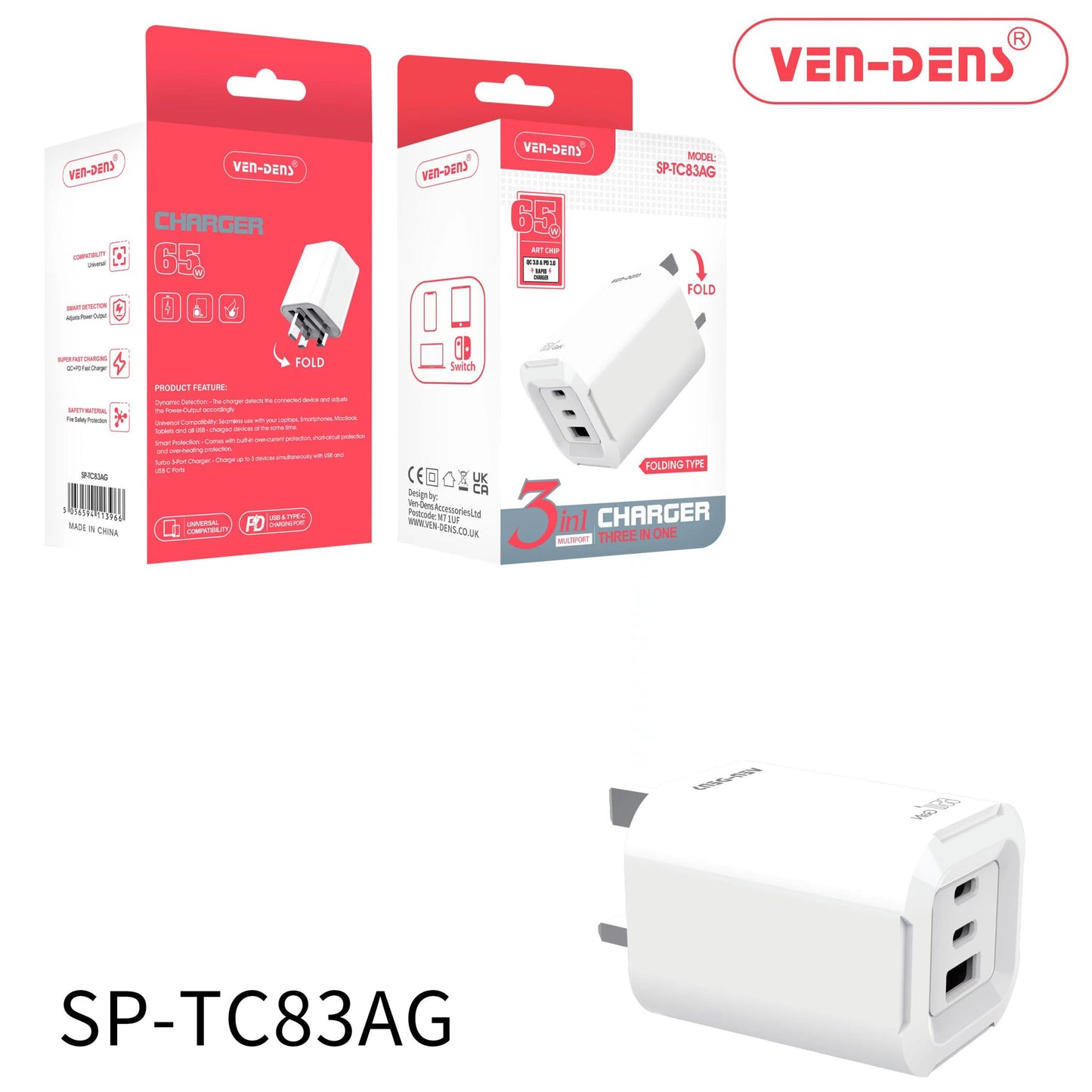 65W GaN Charger USB & Type-C 3 in 1 Multi Port Charger