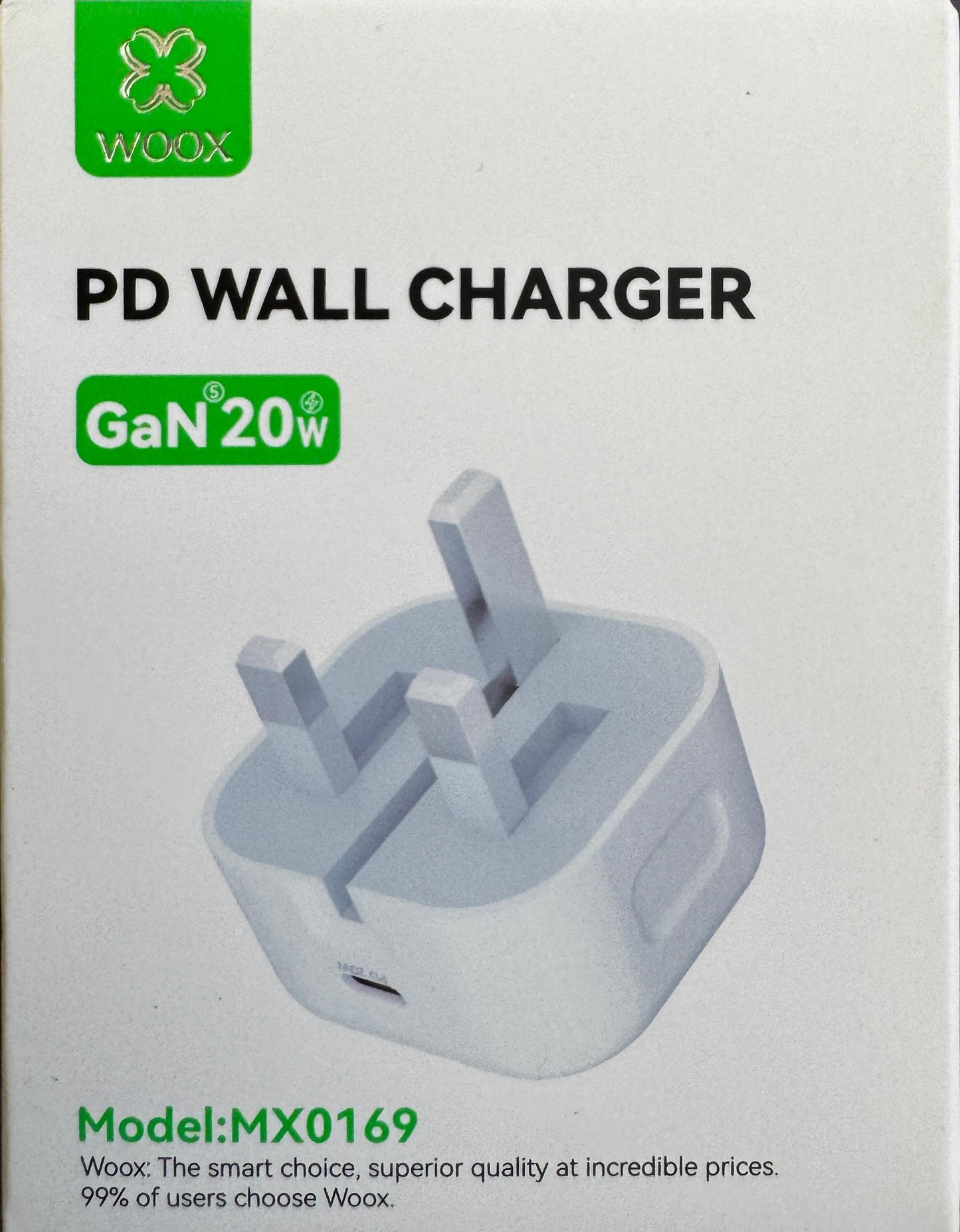 Woox PD wall charger packaging on a dark background