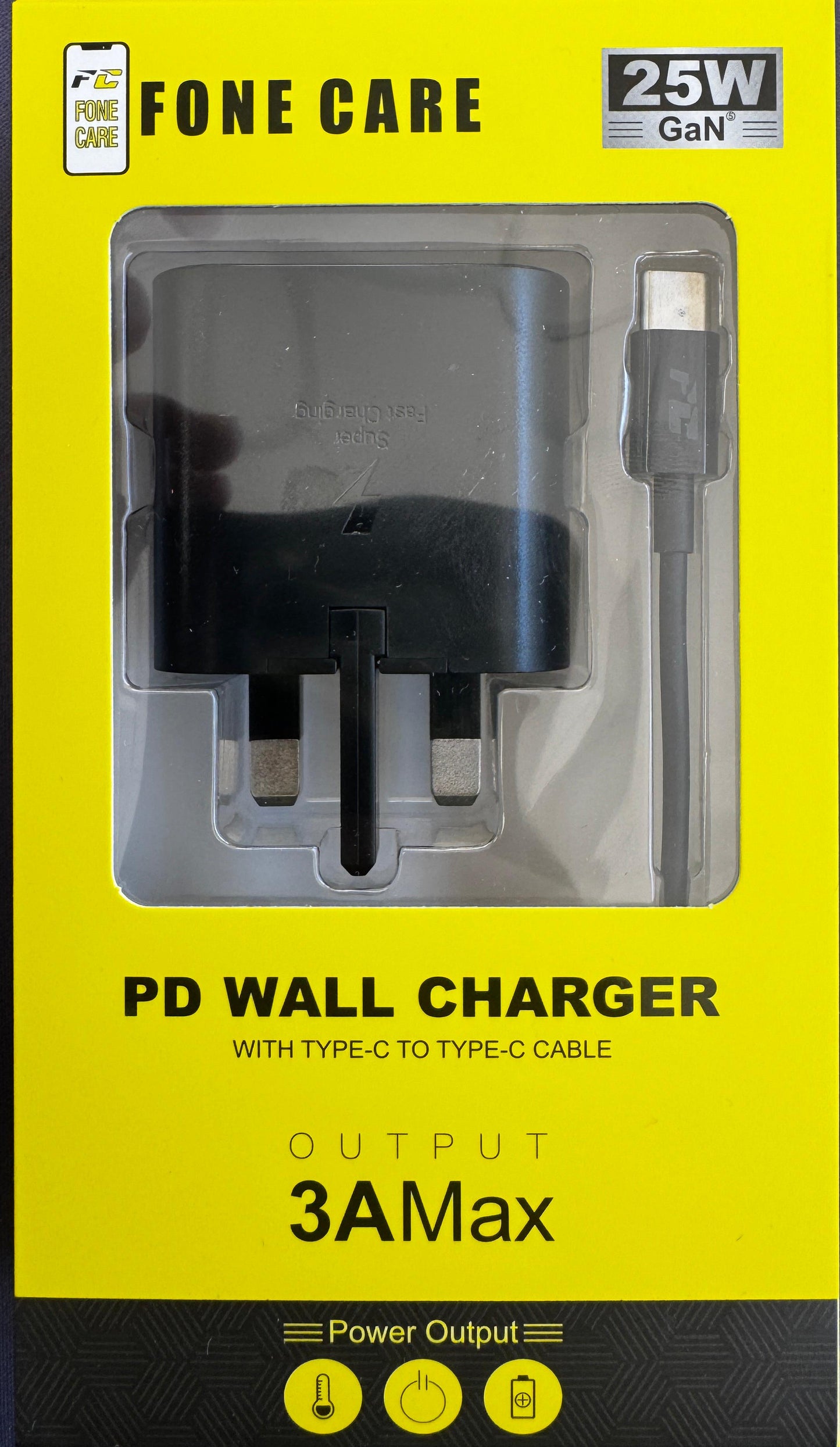 Fone Care PD wall charger packaging with yellow background and clear window