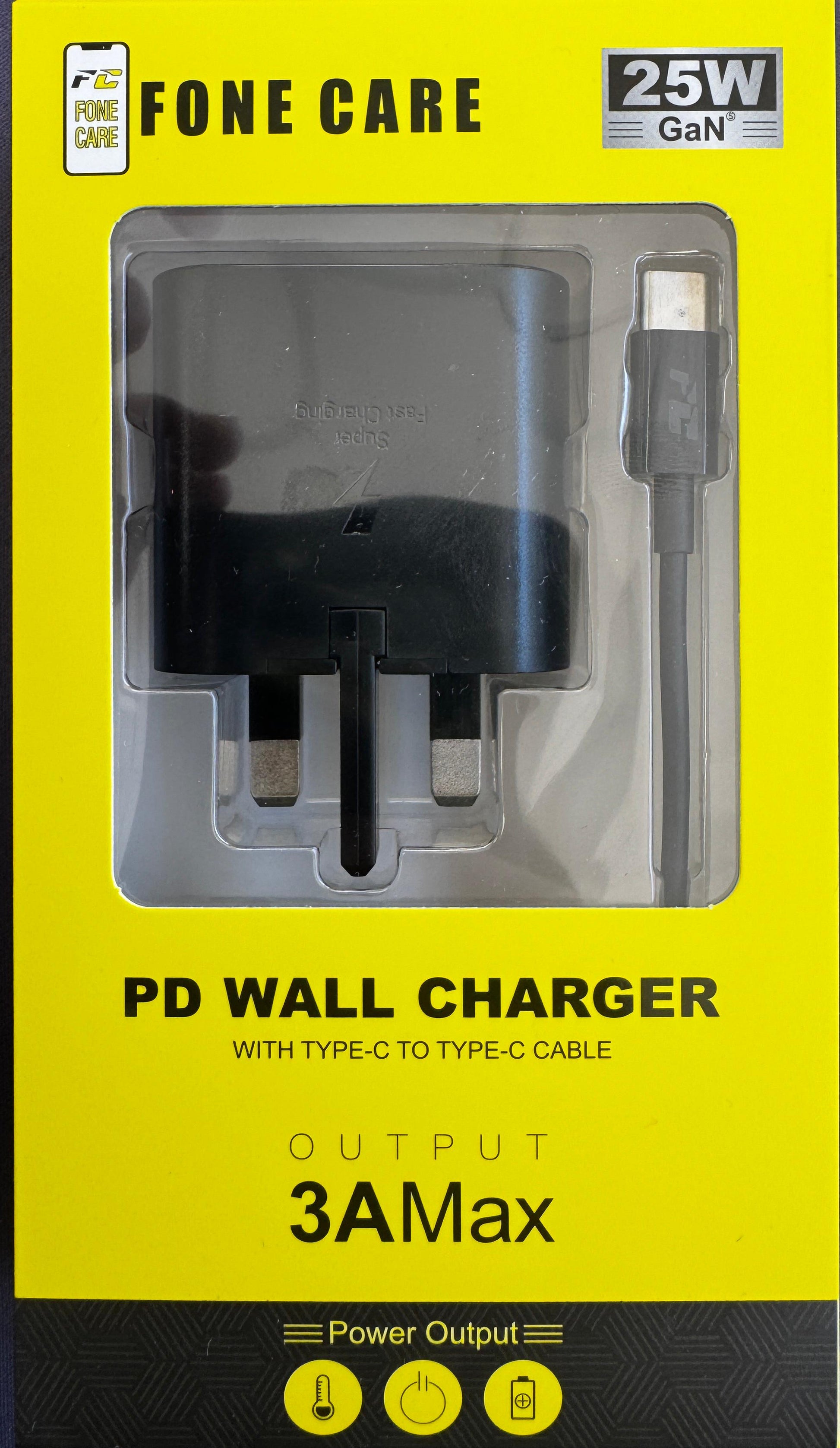 Fone Care PD wall charger packaging with yellow background and clear window